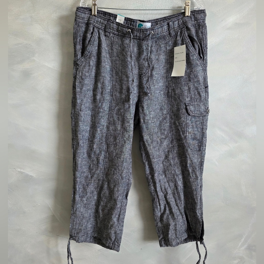 Alki'i Black Chambray Crop Linen Blend Pull On Drawstring  Pants Sz L NWT